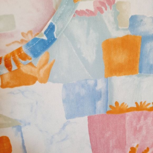 Vintage 70s Top Medium to Large Slinky Knit Pastel Tropical Print Short Sleeve - Picture 6 of 6